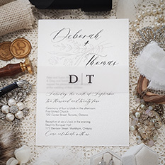 Invitation 3026: Matte White - Single card wedding invitation with a vellum belly band with a monogram design.