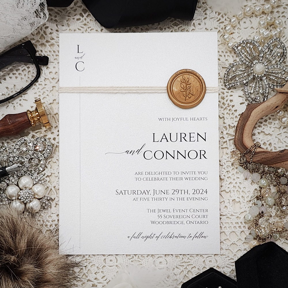 Invitation 3027: Matte White, Gold Wax, String Ribbon - Modern single card wedding invite with a white string and gold branch wax seal.