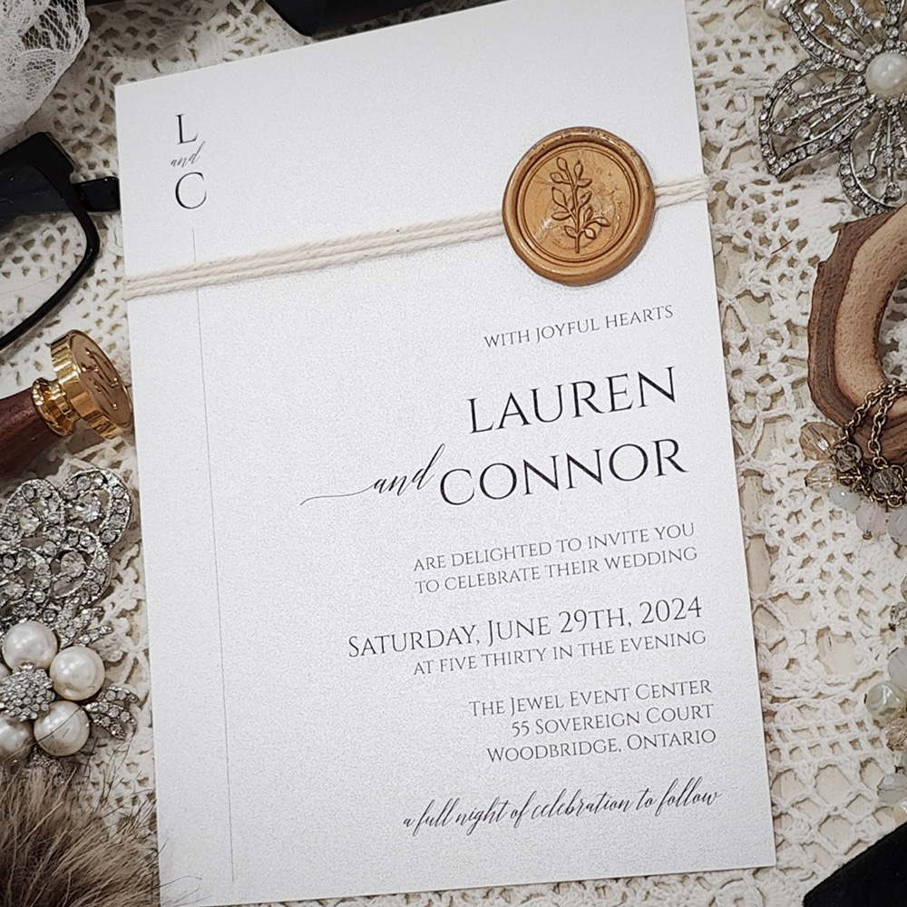 Invitation 3027: Matte White, Gold Wax, String Ribbon - Modern single card wedding invite with a white string and gold branch wax seal.