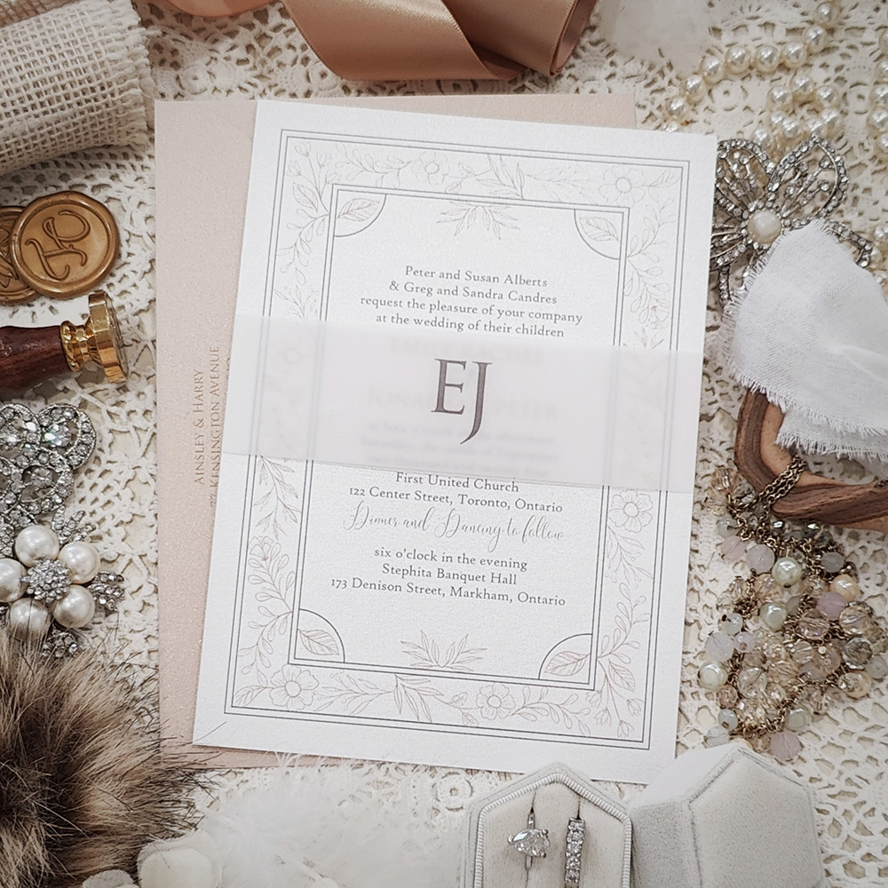 Invitation 3029: Ice Pearl - Single card wedding invite with a border graphic design and vellum belly band.