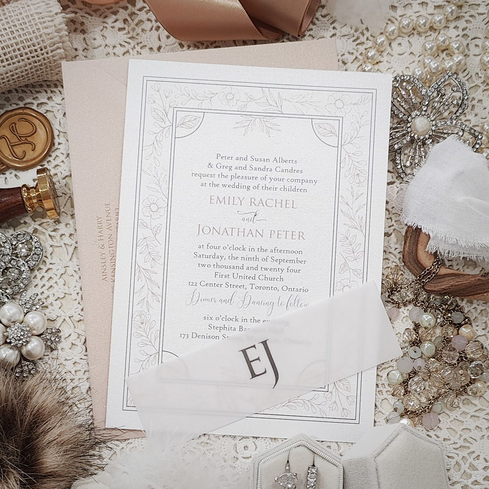 Invitation 3029: Ice Pearl - Single card wedding invite with a border graphic design and vellum belly band.