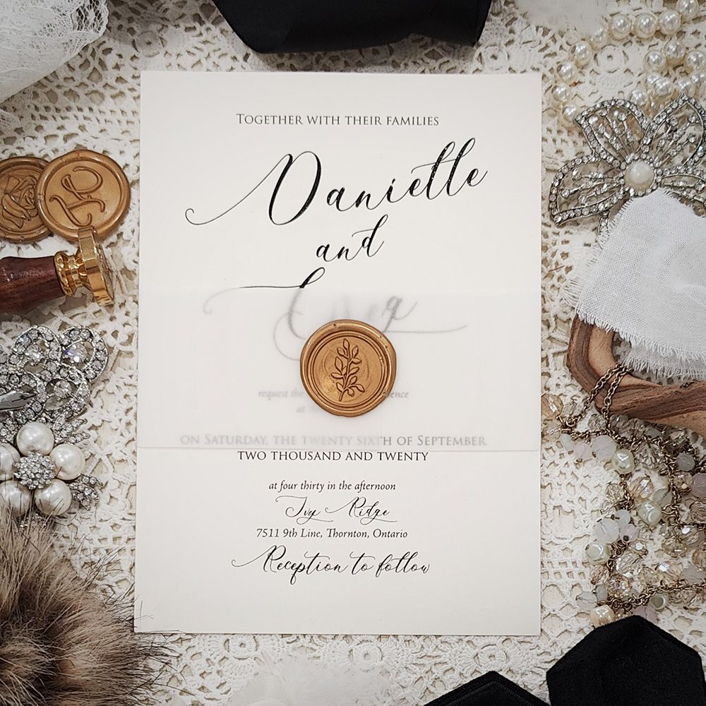 Invitation 3030: White Gold, Gold Wax - Single card wedding invite with a vellum belly band and gold branch wax seal.