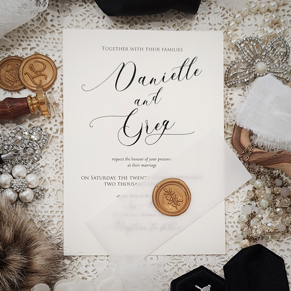 Invitation 3030: White Gold, Gold Wax - Single card wedding invite with a vellum belly band and gold branch wax seal.