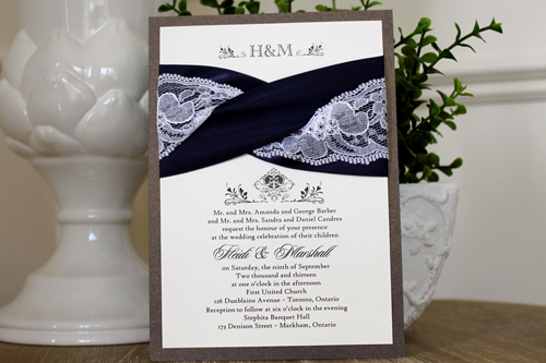 Invitation 1101: Colbalt Pearl, Cream Smooth, Navy Ribbon, Navy Ribbon, White Lace