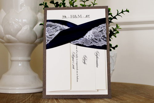 Invitation 1101: Colbalt Pearl, Cream Smooth, Navy Ribbon, Navy Ribbon, White Lace