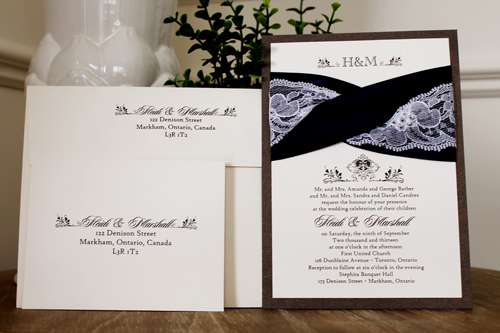 Invitation 1101: Colbalt Pearl, Cream Smooth, Navy Ribbon, Navy Ribbon, White Lace