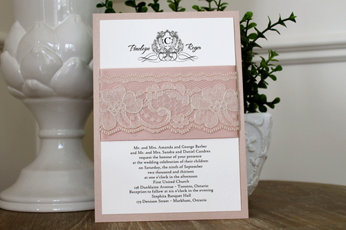 Invitation 1102: Blush Pearl, Cream Smooth, Deep Blush Ribbon, Deep Blush Ribbon, Cream Lace