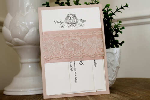 Invitation 1102: Blush Pearl, Cream Smooth, Deep Blush Ribbon, Deep Blush Ribbon, Cream Lace