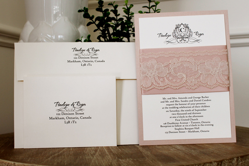 Invitation 1102: Blush Pearl, Cream Smooth, Deep Blush Ribbon, Deep Blush Ribbon, Cream Lace