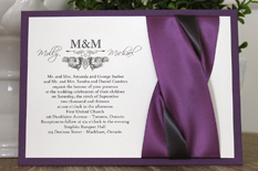 Invitation 1104: Purple Pearl, Cream Smooth, Grape Ribbon, Grape Ribbon, Deep Charcoal Ribbon