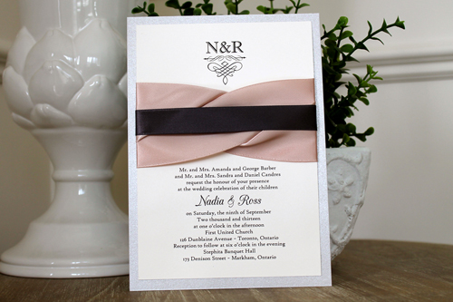 Invitation 1105: Silver Ore, Cream Smooth, Deep Blush Ribbon, Deep Blush Ribbon, Deep Charcoal Ribbon