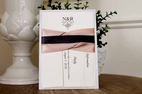 Invitation 1105: Silver Ore, Cream Smooth, Deep Blush Ribbon, Deep Blush Ribbon, Deep Charcoal Ribbon