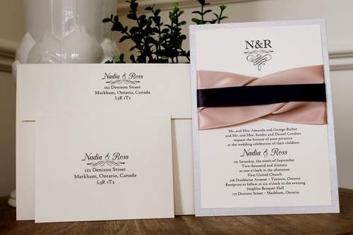 Invitation 1105: Silver Ore, Cream Smooth, Deep Blush Ribbon, Deep Blush Ribbon, Deep Charcoal Ribbon