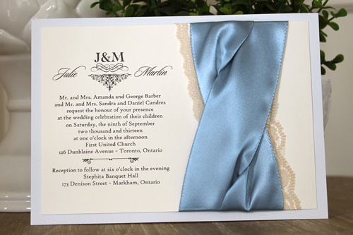 Invitation 1106: Dust Blue, Cream Smooth, Blue Mist Ribbon, Blue Mist Ribbon, Cream Lace