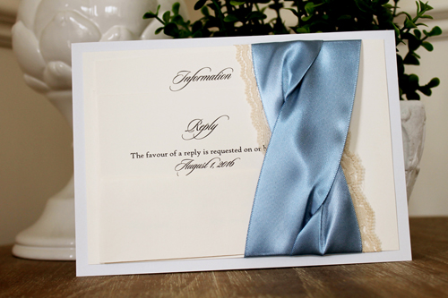 Invitation 1106: Dust Blue, Cream Smooth, Blue Mist Ribbon, Blue Mist Ribbon, Cream Lace