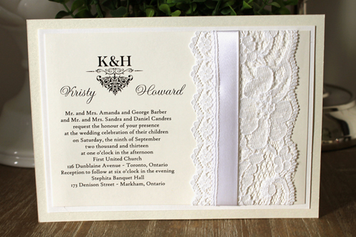 Invitation 1107: White Gold, Antique Pearl, Cream Smooth, White Ribbon, White Lace