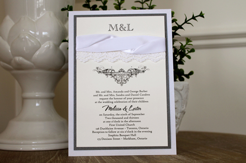 Invitation 1108: Iridescent Pearl, Charcoal Pearl, Cream Smooth, White Ribbon, White Ribbon, White - Thin Lace