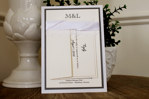 Invitation 1108: Iridescent Pearl, Charcoal Pearl, Cream Smooth, White Ribbon, White Ribbon, White - Thin Lace