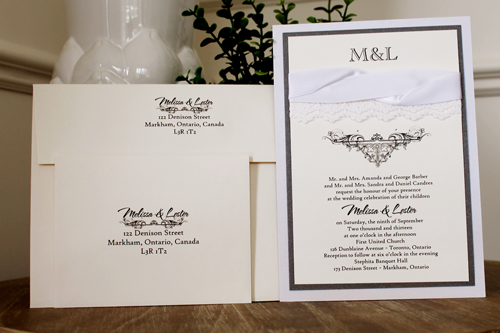 Invitation 1108: Iridescent Pearl, Charcoal Pearl, Cream Smooth, White Ribbon, White Ribbon, White - Thin Lace