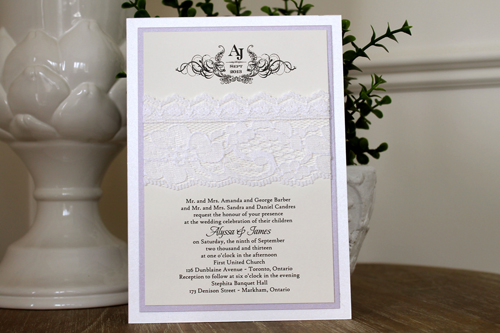 Invitation 1109: Ice Pearl, Orchid Pearl, Cream Smooth, White Lace