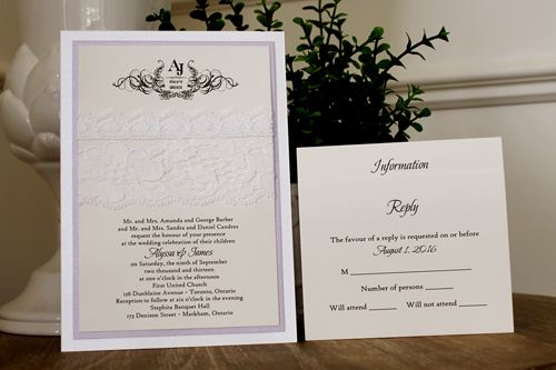 Invitation 1109: Ice Pearl, Orchid Pearl, Cream Smooth, White Lace