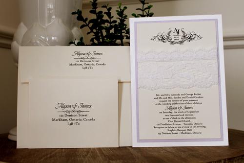 Invitation 1109: Ice Pearl, Orchid Pearl, Cream Smooth, White Lace