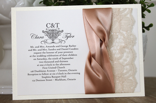 Invitation 1112: White Gold, Cream Smooth, Champagne Ribbon, Champagne Ribbon, Cream Lace