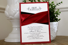 Invitation 1113: Red Lacquer, Cream Smooth, Sherry Ribbon, Sherry Ribbon, Black Ribbon