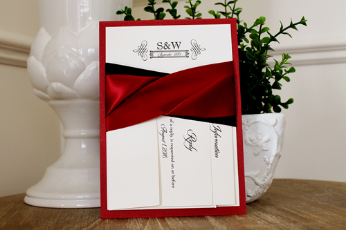 Invitation 1113: Red Lacquer, Cream Smooth, Sherry Ribbon, Sherry Ribbon, Black Ribbon