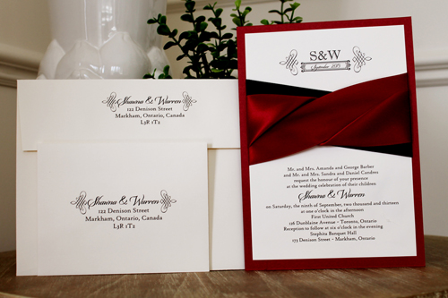 Invitation 1113: Red Lacquer, Cream Smooth, Sherry Ribbon, Sherry Ribbon, Black Ribbon