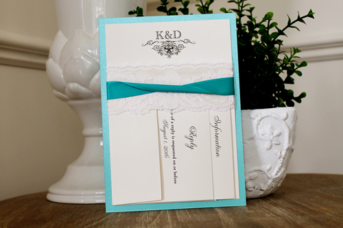 Invitation 1114: Tiffany Pearl, Cream Smooth, Antique Ribbon, Peacock Ribbon, Cream Lace