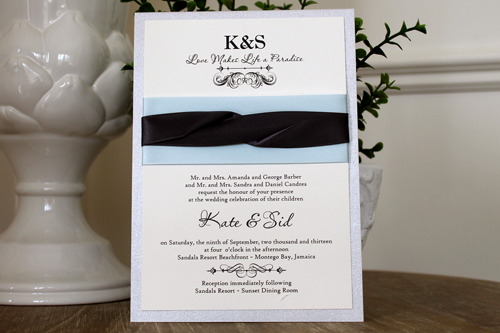 Invitation 1115: Silver Ore, Cream Smooth, Icy Blue Ribbon, Deep Charcoal Ribbon, Deep Charcoal Ribbon