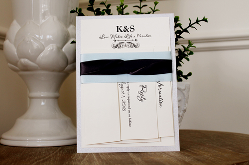 Invitation 1115: Silver Ore, Cream Smooth, Icy Blue Ribbon, Deep Charcoal Ribbon, Deep Charcoal Ribbon