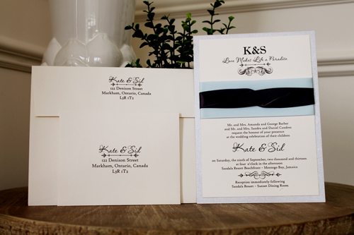 Invitation 1115: Silver Ore, Cream Smooth, Icy Blue Ribbon, Deep Charcoal Ribbon, Deep Charcoal Ribbon