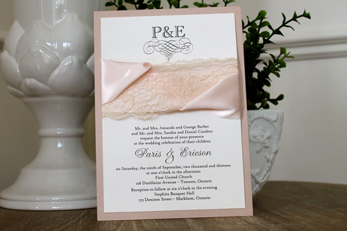 Invitation 1116: Blush Pearl, Cream Smooth, Petal Pink Ribbon, Petal Pink Ribbon, Cream Lace