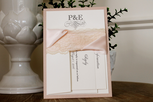 Invitation 1116: Blush Pearl, Cream Smooth, Petal Pink Ribbon, Petal Pink Ribbon, Cream Lace