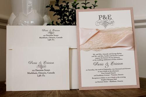 Invitation 1116: Blush Pearl, Cream Smooth, Petal Pink Ribbon, Petal Pink Ribbon, Cream Lace