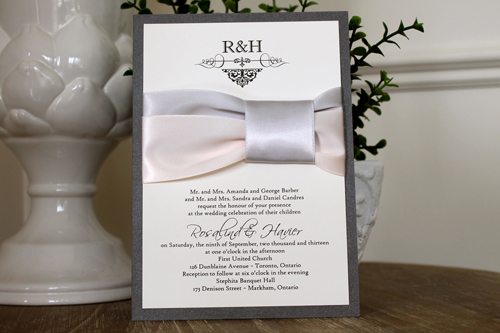 Invitation 1117: Charcoal Pearl, Cream Smooth, Silver Ribbon, Petal Pink Ribbon, Silver Ribbon