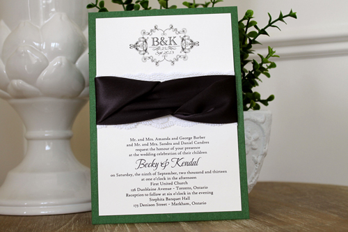 Invitation 1118: Green Pearl, Cream Smooth, Deep Charcoal Ribbon, Deep Charcoal Ribbon, Cream Lace