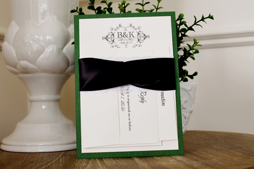 Invitation 1118: Green Pearl, Cream Smooth, Deep Charcoal Ribbon, Deep Charcoal Ribbon, Cream Lace