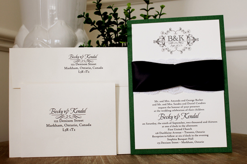 Invitation 1118: Green Pearl, Cream Smooth, Deep Charcoal Ribbon, Deep Charcoal Ribbon, Cream Lace