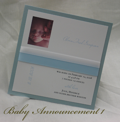 Invitation BabyAnnouncement1: Blue Aspire Pearl, White Smooth, Light Blue Ribbon, White Ribbon