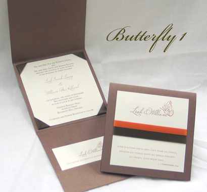 Invitation Butterfly1: Brown Pearl, Cream Smooth, Brown Ribbon, Orange Ribbon