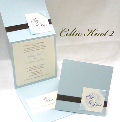 Invitation CelticKnot2: Blue Aspire Pearl, White Smooth, Brown Ribbon, Light Blue Ribbon