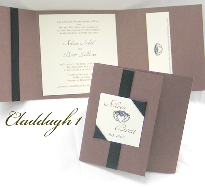 Invitation Claddagh1: Brown Pearl, Cream Smooth, Black Ribbon