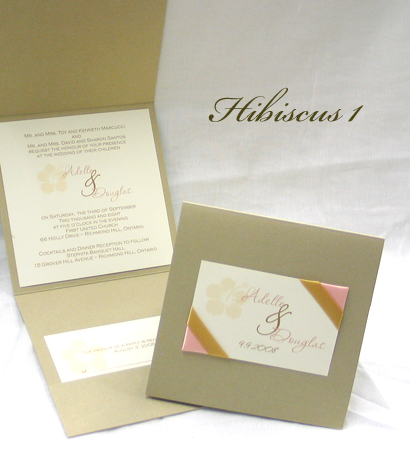 Invitation Hibiscus1: Gold Pearl, Cream Smooth, Gold Ribbon, Coral Ribbon