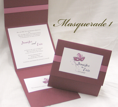 Invitation Masquerade1: Burgundy Linen, Cream Smooth, Dusty Rose Ribbon