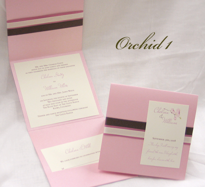 Invitation Orchid1: Pink Pearl, Cream Smooth, Brown Ribbon, Dusty Rose Ribbon, Cream Ribbon