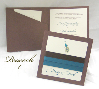Invitation Peacock1: Brown Pearl, Cream Smooth, Teal Ribbon, Teal Ribbon, Brown Ribbon