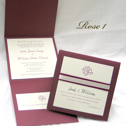 Invitation Rose1: Burgundy Linen, Cream Smooth, Wine Ribbon, Cream Ribbon